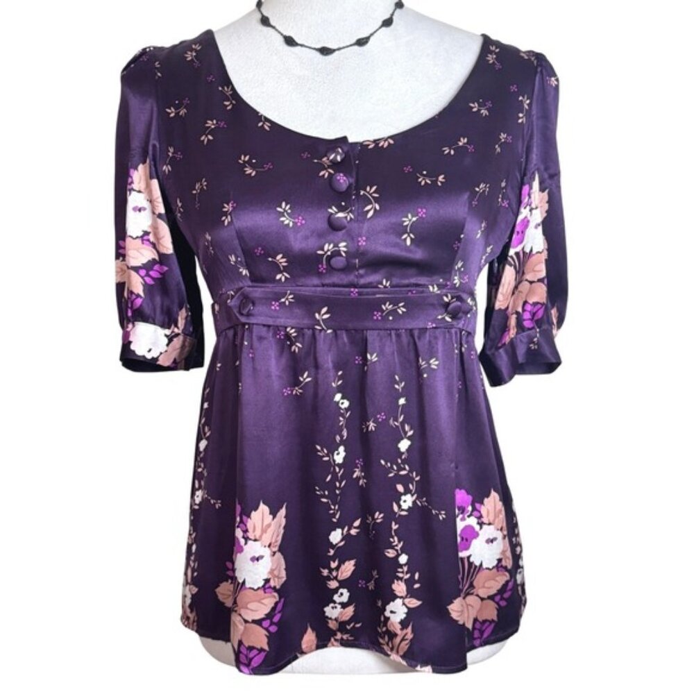 Anthropologie Yumi Kim Womens Silk Floral Satin‎ Peplum Blouse Sz Small Romantic